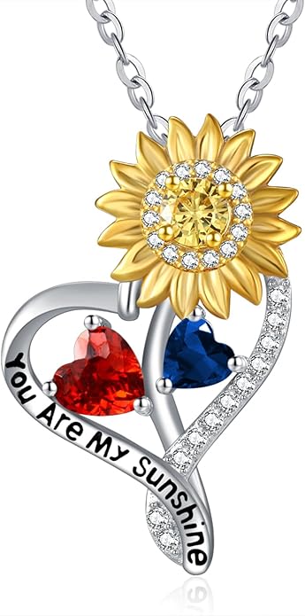Zeuslia Double Birthstone Necklace Gifts for Wife - 925 Sterling Silver Sunflower/Rose/Crown Cross/Compass/Heart Pendant I Love You Necklace, Anniversary Birthday Gifts for Wife Girlfriend Mom Her