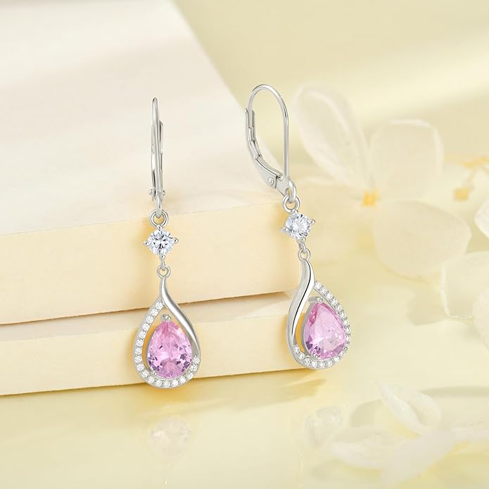 925 Sterling Silver Created Pink Tourmaline Jewelry Set for Women Teardrop Birthstone Dangle Drop Earrings and Necklace Set Jewelry for Her
