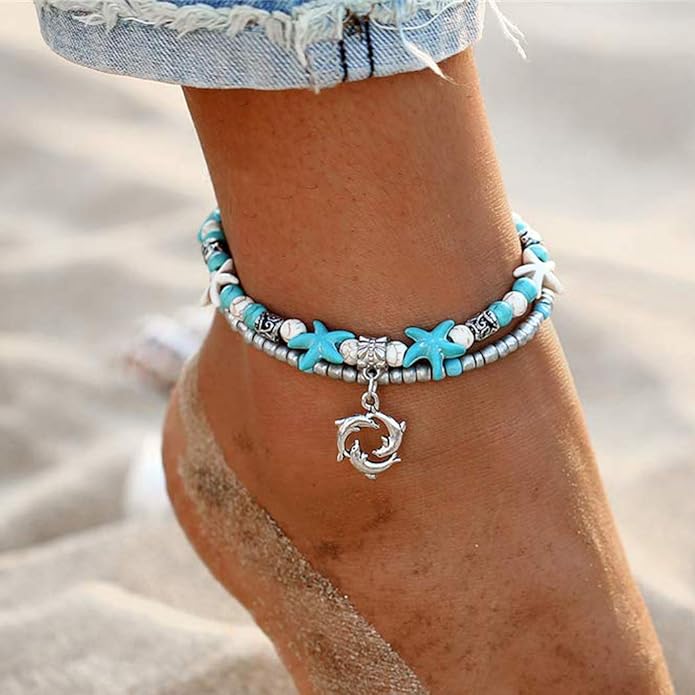 Starain Blue Turtle Anklets for Women Multilayer Beads Handmade Beach Ankle Bracelet Set Boho Foot Jewelry
