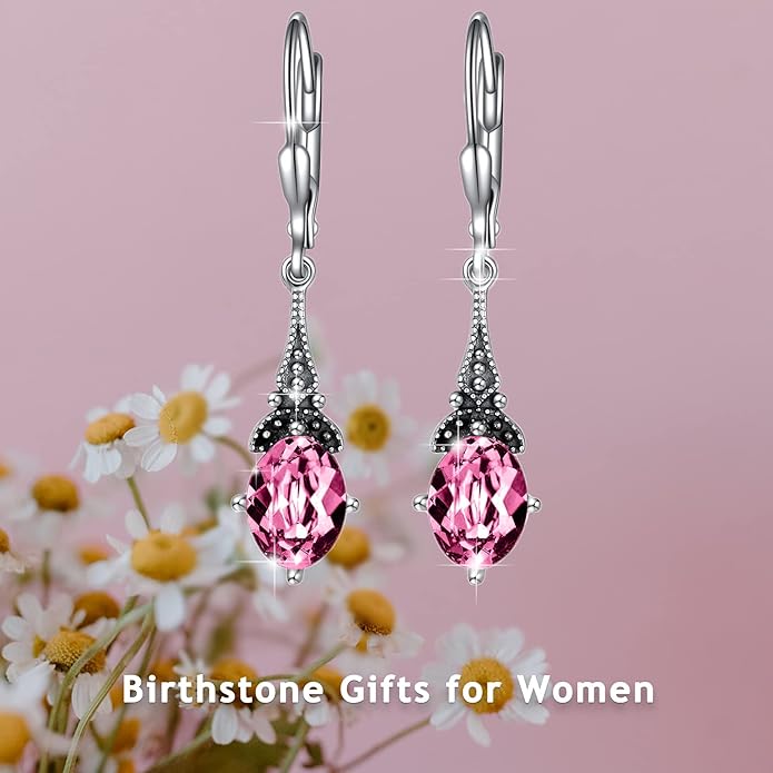 AOBOCO Vintage Earrings for Women Sterling Silver Retro Drop Dangle Leverback Earrings with 8x6mm Oval Genuine or Simulated Birthstone Crystal from Austria, Anniversary Jewelry Gifts for Her Women