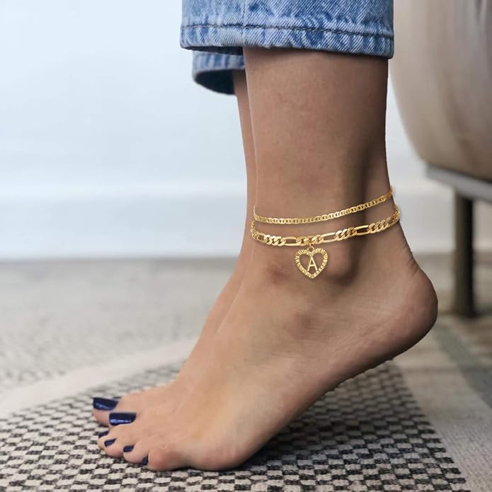 YANODA Initial Ankle Bracelets for Women 14K Gold Plated Layered Figaro Chain Letter Initial Anklets Handmade Layered Heart Ankle Bracelets Personalized Jewelry for Women