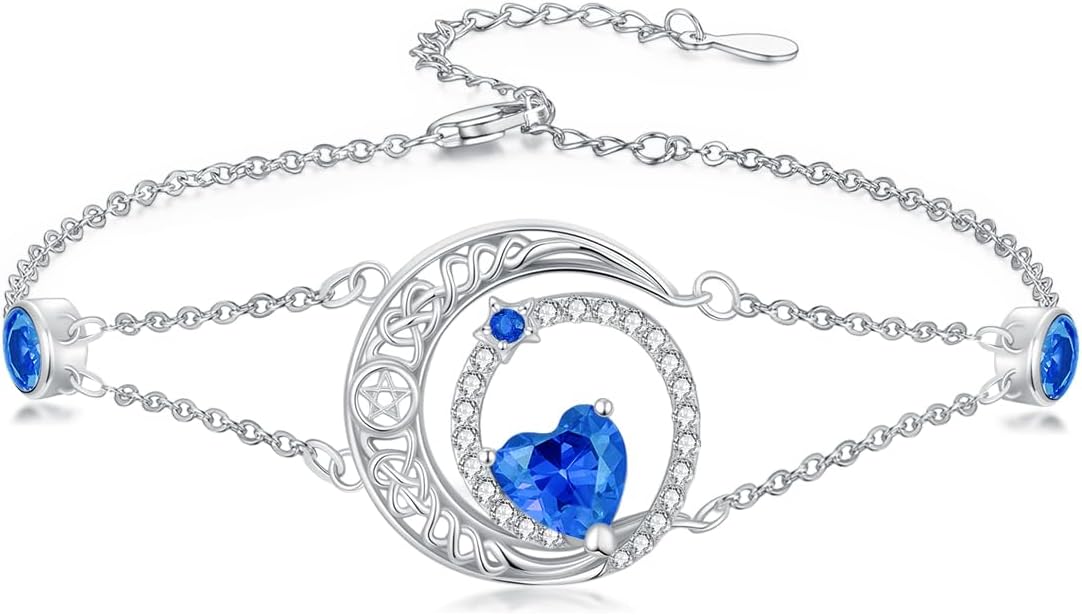 Dorunmo 925 Sterling Silver Moon Heart Birthstone Anklet Bracelets for Women Best Mother's Day Birthday Jewelry for Wife Girlfriend Mom Her