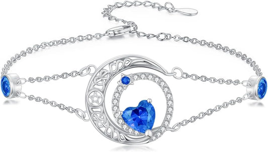 Dorunmo 925 Sterling Silver Moon Heart Birthstone Anklet Bracelets for Women Best Mother's Day Birthday Jewelry for Wife Girlfriend Mom Her
