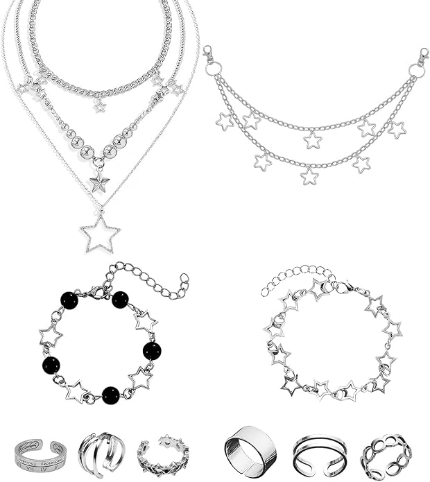 Molirex 12 Pcs Y2k Accessories Set Grunge Layered Necklace, 3 Star Chains with 6 Rings Vintage Silver Jewelry for Women
