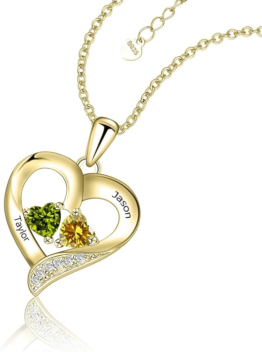 JOBFLY S925 Sterling Silver Customized 2 Birthstone Heart Necklace with 2 Name Engraved Personalized Mother Daughter Necklace Couple Jewelry Christmas Birthday Gift