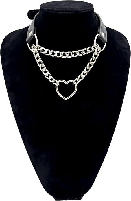 Black Leather Choker Collar For Women, Handmade Heart Slip Chain Choker Long Necklace with Adjustable Buckle