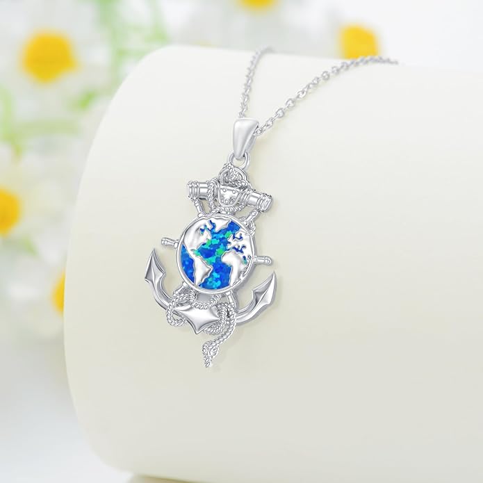 MEIDERBO Anchor Necklace for Men Women 925 Sterling Silver Earth/Swordfish/Trident/Compass Pendant Nautical Jewelry for Birthday Christmas