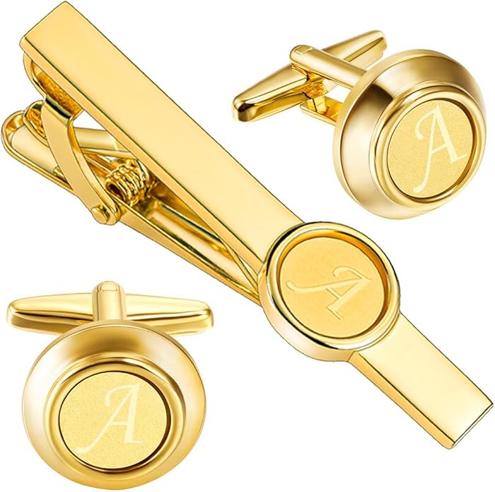 HAWSON 2 inch Tie Clips and Cufflinks Sets for Men A-Z Gold Engraved Letter Cufflinks and Tie Clips Sets for Formal Business Wedding