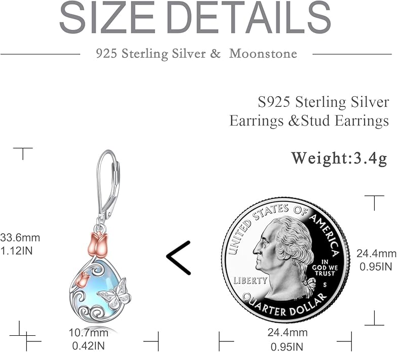 AOBOCO Butterfly/Dragonfly/Bee/Ladybug Leverback Earrings 925 Sterling Silver Rose Lotus Tulip Flower Filigree Dangle Earrings Teardrop Moonstone Larimar Turquoise Abalone Shell Jewelry Birthday Gifts for Women