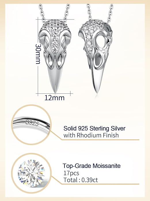 CYW Moissanite Skull Cross/Spider/Raven Necklace for Men Women, Intriguing Design, Really Authentic Solid 925 Sterling Silver with Rhodium Finish, 16"/18"/20" Adjustable, Halloween Jewelry