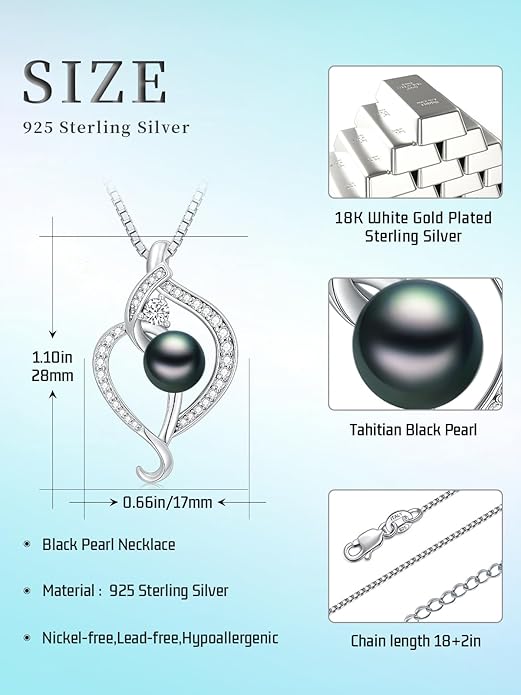 KANNSOAR Tahitian Black Pearl Pendant Necklace AAAA 18K White Gold Plated 925 Sterling Silver Black Pearl Jewelry Gift for Women Mother Wife Her for Anniversary Christmas Birthday