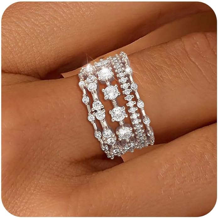 FUNEIA Stackable Silver Gold Rings for Women Non Tarnish 14K Gold Plated Thumb Cubic Zirconia Rings for Women Dainty Pinky Promise Wedding Ring Set Women's Engagement Eternity Band Rings Gold Jewelry