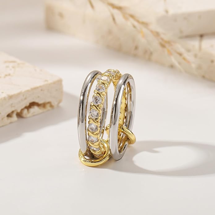 Leaocean Gold Stackable Rings for Women CZ Wedding Band Rings 18k Gold Plated Cubic Zirconia Rings, Silver Gold Multi Ring Mixed Metals Stack Rings Set