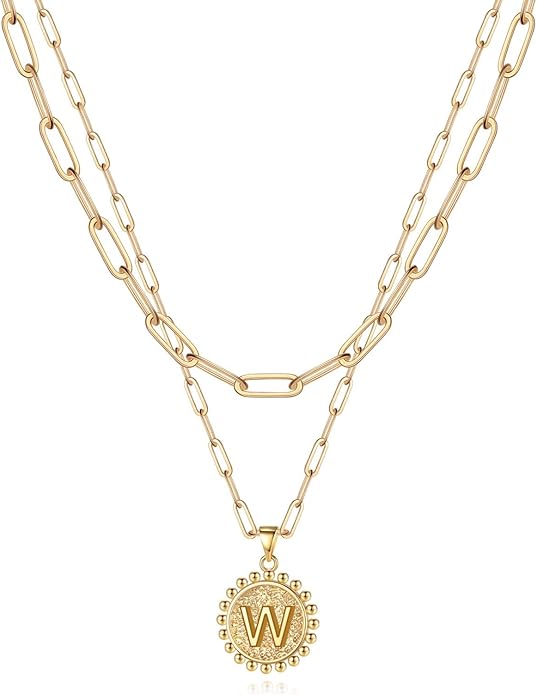 Yoosteel Gold Initial Necklaces for Women, 14K Gold Plated Dainty Layering Paperclip Link Chain Necklace Coin Initial Layered Necklaces for Women Personalized Birthday Gifts