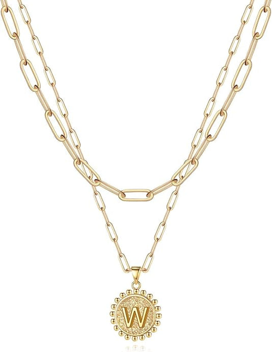 Yoosteel Gold Initial Necklaces for Women, 14K Gold Plated Dainty Layering Paperclip Link Chain Necklace Coin Initial Layered Necklaces for Women Personalized Birthday Gifts
