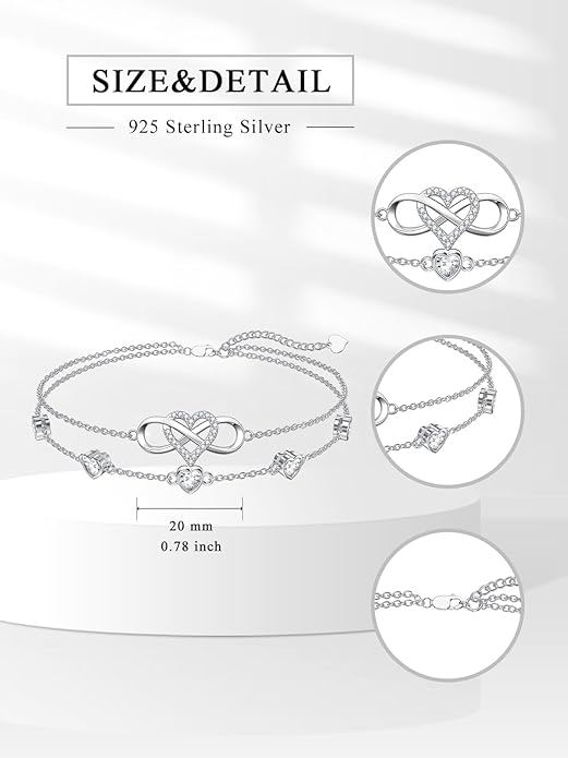 Dorunmo 925 Sterling Silver Infinity Heart Birthstone Anklet Bracelets for Women Best Mother's Day Birthday Jewelry for Wife Girlfriend Mom Her