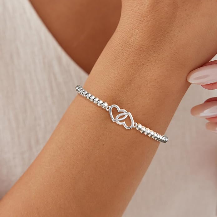 Beaded Bracelet for Women Trendy Stretch Handmade Ball Charm Bracelet Dainty Cross Heart Bow Wave CZ Stackable Jewelry Charm Gifts for Her