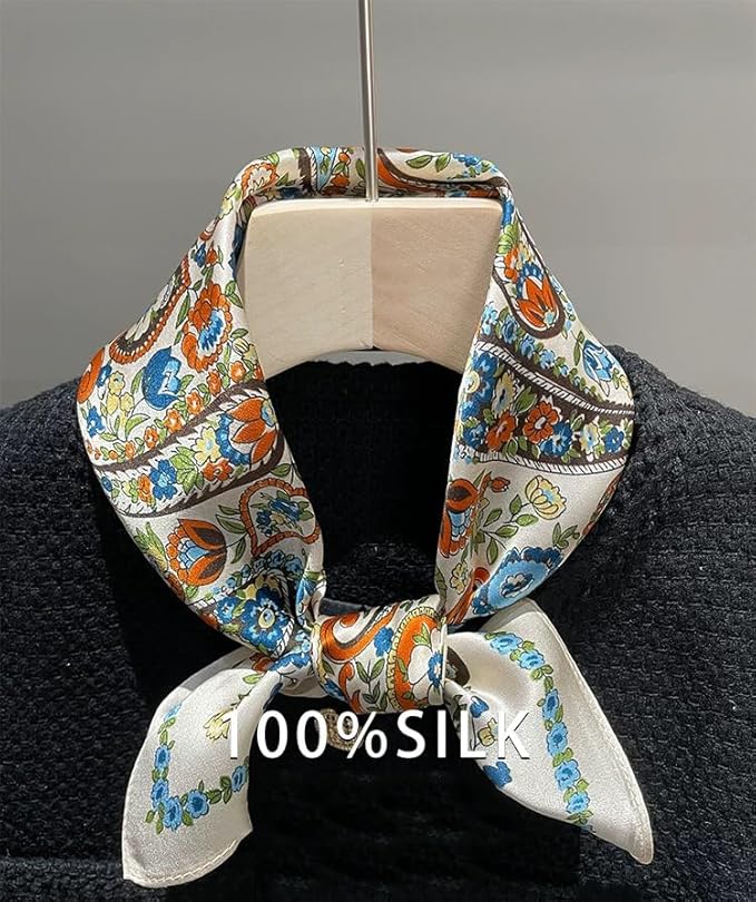 ANDANTINO 100% Pure Mulberry Silk Small Square Scarves -21'' x 21''- Digital Printed Neckerchief –Women Men Lightweight Scarf