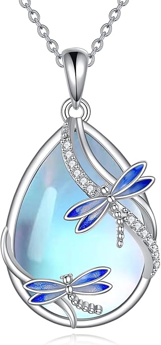 KQF Dragonfly/Butterlfy/Cat/Jellyfish/Bunny/Axolotl/Bee/Mermaid/Hummingbird/Elephant Necklace for Women Sterling Silver Moonstone Pendant Necklace Dragonfly Jewelry Gifts for Women