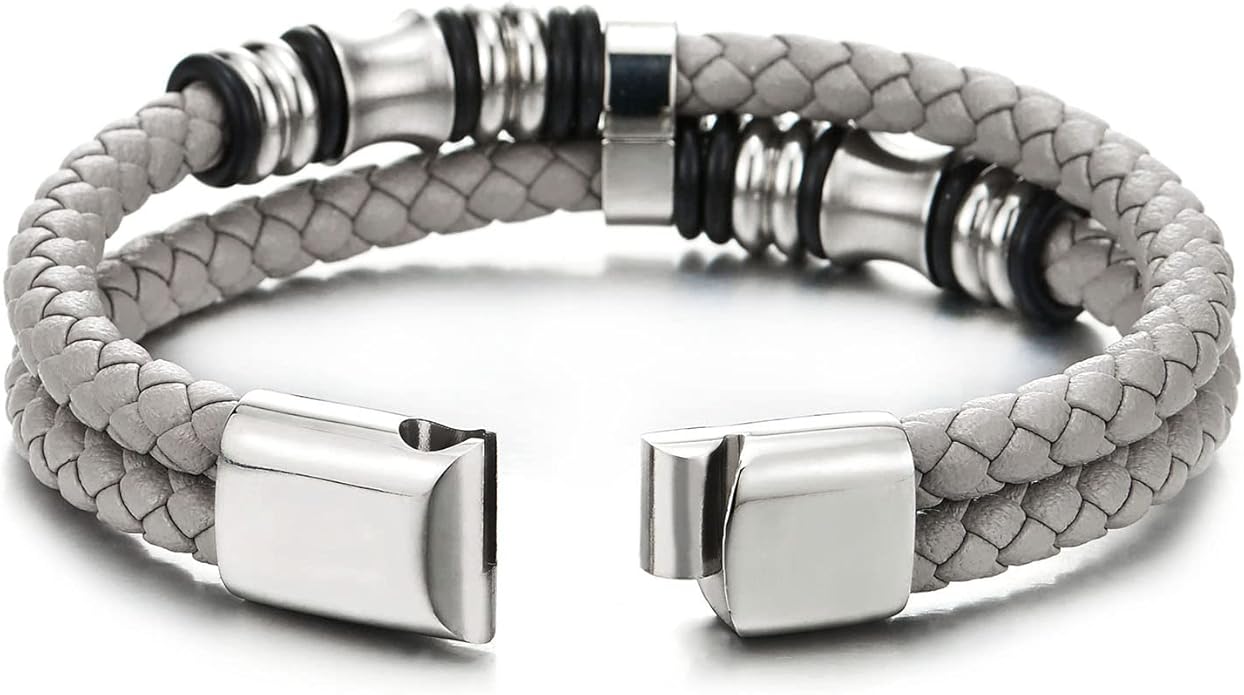 COOLSTEELANDBEYOND Mens Double-Row Braided Leather Bracelet Bangle Wristband with Stainless Steel Ornaments