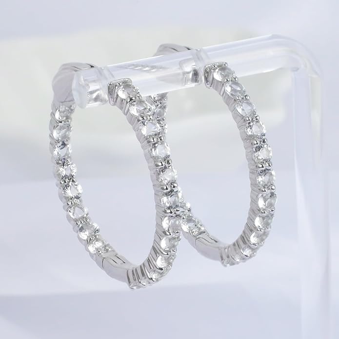 Hoop Earrings with 40 Colored Gemstones, Birthstone Earrings, 925 Sterling Silver Rhodium Plated, Push Back Closure, 1.18'