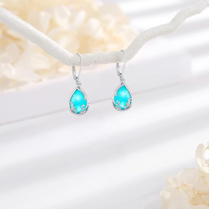 Sterling Silver Tree of Life/Flower/Bee/Animals/Cat/Hummingbird Dangle Earrings Moonstone Turquoise Drop Leverback Earrings Jewelry Gifts