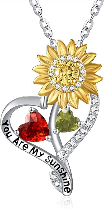Zeuslia Double Birthstone Necklace Gifts for Wife - 925 Sterling Silver Sunflower/Rose/Crown Cross/Compass/Heart Pendant I Love You Necklace, Anniversary Birthday Gifts for Wife Girlfriend Mom Her