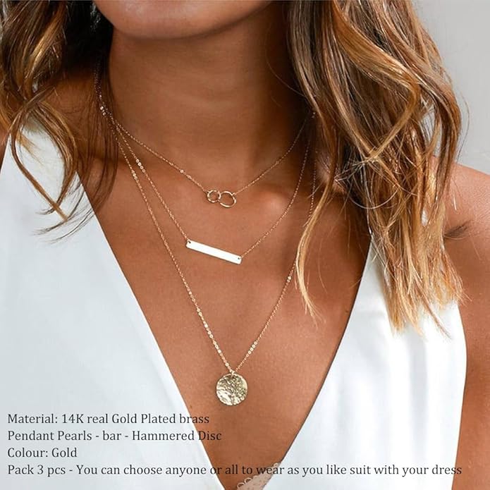 Turandoss Dainty Layered Choker Necklace, Handmade Y Pendant Necklace Multilayer Bar Disc Necklace Adjustable Layering Choker Necklaces for Women