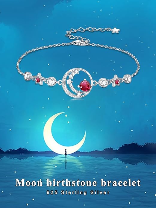 Moon and Star Birthstone Charm Link Bracelet 925 Sterling Silver Moon and Star Bracelet with 12 Months Birthstone Birthday Jewelry Gifts for Women Mom Her,Chain Length 7"+2" Extend
