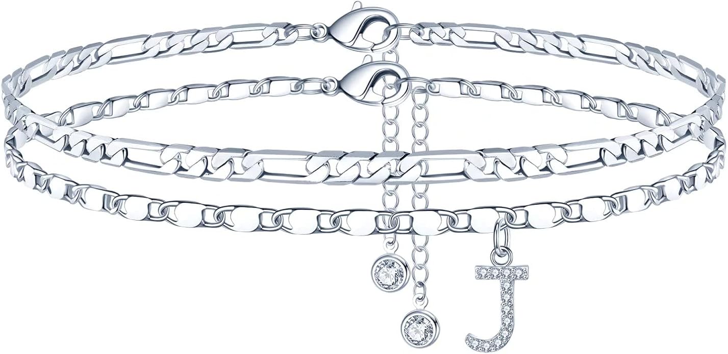 Ursteel Ankle Bracelets for Women, 14K-Gold-Plated Dainty Layered Chain CZ Initial Anklets Set Summer Jewelry Gifts for Women