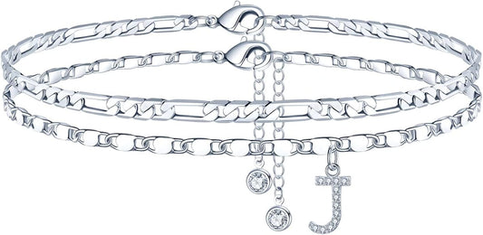Ursteel Ankle Bracelets for Women, 14K-Gold-Plated Dainty Layered Chain CZ Initial Anklets Set Summer Jewelry Gifts for Women