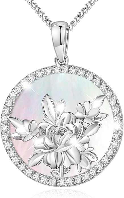 AGVANA Valentines Day Gifts Sterling Silver Birth Flower Necklace for Women Genuine Mother of Pearl CZ Round Disc Pendant Necklace Fine Jewelry Anniversary Birthday Gifts for Women Wife Mom Her