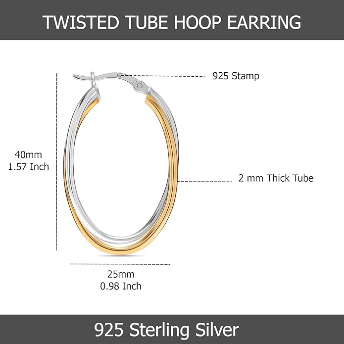 LeCalla 925 Sterling Silver Chunky Hoop Earrings | 14K Two-Tone Three-Tone Hoop Earrings | Intertwining Oval Shape Polished Twisted Hoop Earrings for Women