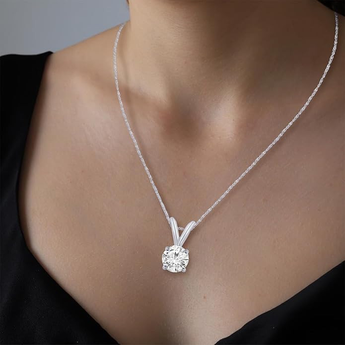 Houston Diamond District Lab Grown Diamond Stud Pendant Necklace, Round Cut Solitaire, 4-Prong Setting, Jewelry for Women (E-F, VS)