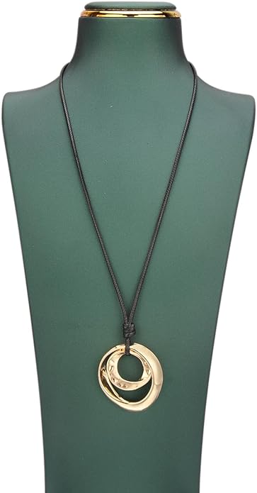 Long Boho Necklaces for Women Vintage Leather Wooden Pendant Y Choker Ethnic Style Gold Circle Hippie Sweater Necklace