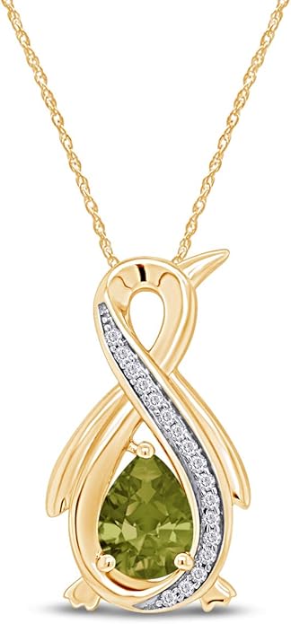 Infinity Penguin Pendant Necklace for Women, 14K Gold Over Sterling Silver with Pear & Round Cut Simulated Birthstone & White Diamond Accents, Dainty Animal Jewelry Gift with 18" Chain