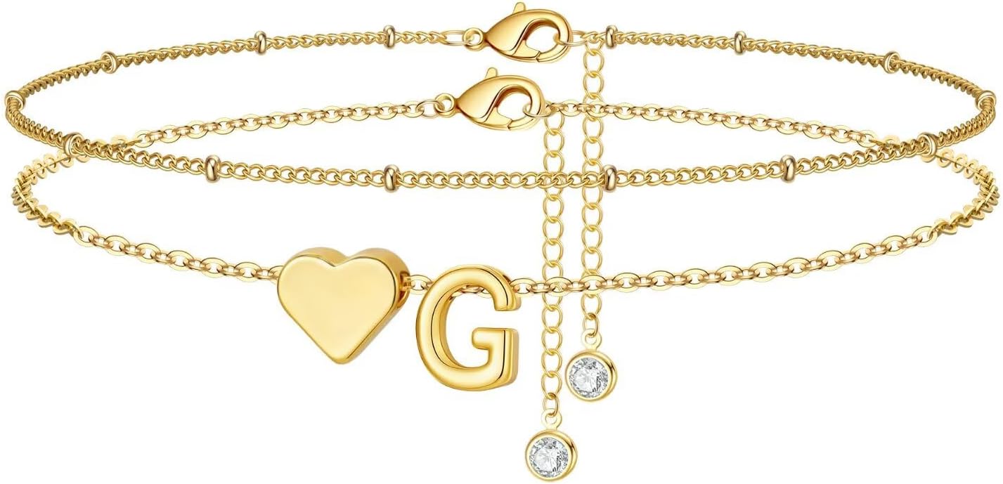 M MOOHAM Gold Initial Ankle Bracelets for Women - Layered Heart Letter A-Z Initial Dainty Gold Anklets for Women Waterproof, Womens Anklets Jewelry Birthday Gifts Jewelry