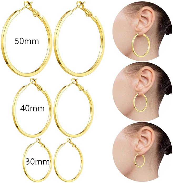 Gold Silver Plated Hoop Earrings for Women Hypoallergenic Stainless Steel Gold Hoops Earrings Lightweight Large Small Hoop Earrings Set