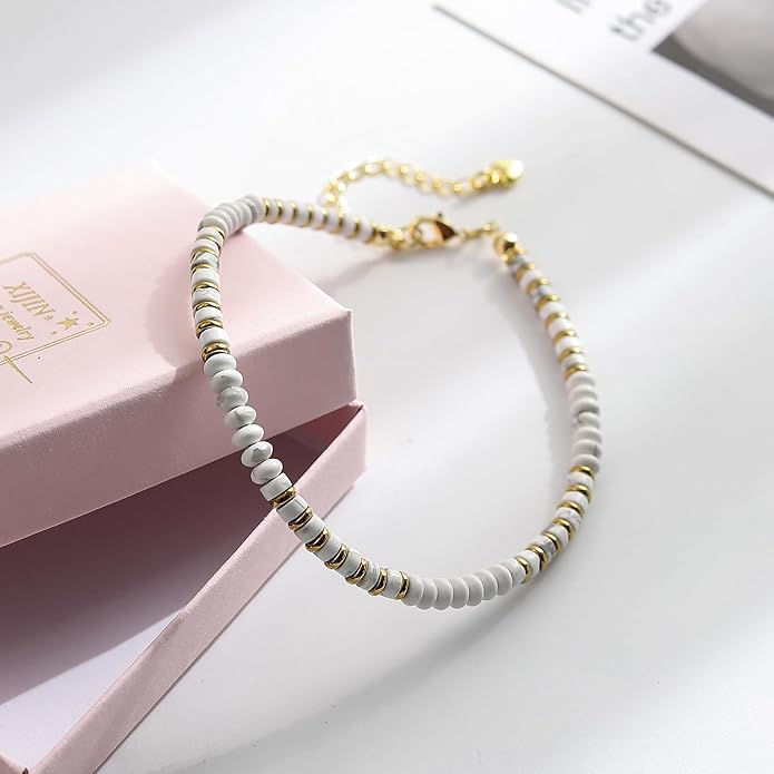 XIJIN Natural Stone Beaded Anklets for Women Handmade Beach Boho Turquoise Beads Ankle Bracelet Jewelry Gift for Her