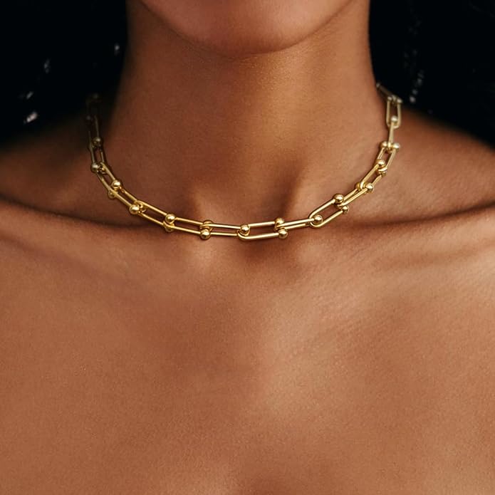 Choker Necklace for Women Men Trendy | Sterling Silver Plated Necklace 14K Gold Plated Chunky Necklaces Thick Cuban Link Chain Hypoallergenic Statement Paperclip Necklace Punk Fashion Jewelry