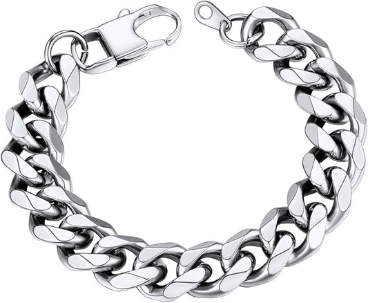 U7 Link Bracelets for Men, Cuban Link/Rope/Watch Band Solid Bracelet, Silver Black Gold Color Wrist Bracelet 3/6/9/12/15mm Width, 6.5/7.5/8.3 Inch Length, Hand Chain Jewelry for Mens Women