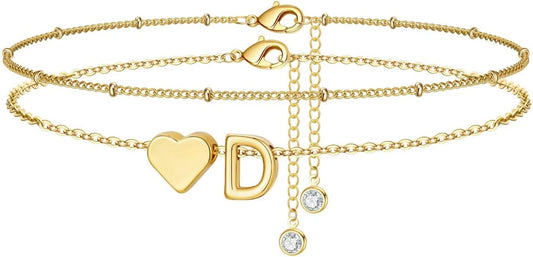 M MOOHAM Gold Initial Ankle Bracelets for Women - Layered Heart Letter A-Z Initial Dainty Gold Anklets for Women Waterproof, Womens Anklets Jewelry Birthday Gifts Jewelry