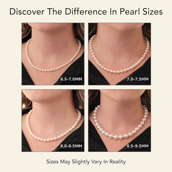 The Pearl Source Real Pearl Necklace for Women with AAA+ Quality Round White Freshwater Genuine Cultured Pearls | Pearl Strand with 14K Gold Plated Sterling Silver Clasp