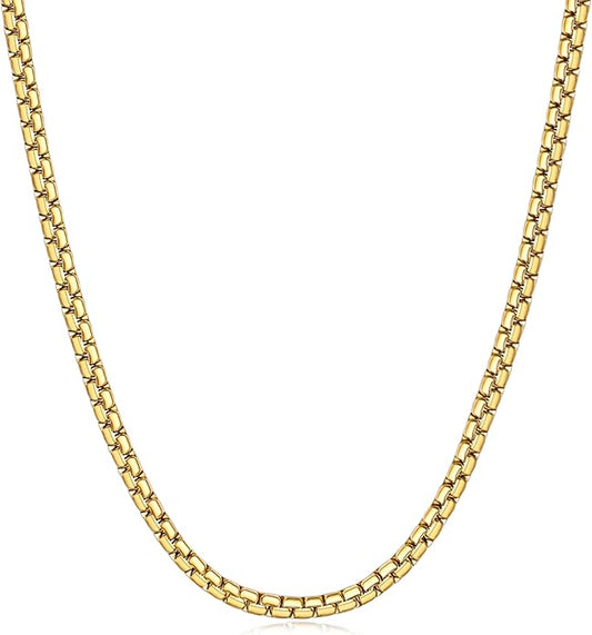 Fiusem Flat Box Chains for Men, 14k Gold Plated Stainless Steel Chain Necklace, 2.5/3/4/4.5/5mm Necklaces for Men and Women 16-28 Inch