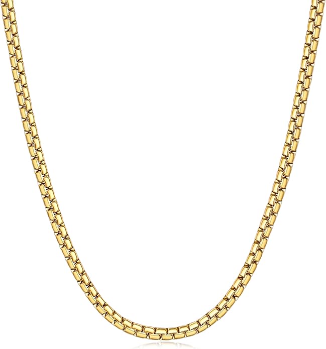 Fiusem Flat Box Chains for Men, 14k Gold Plated Stainless Steel Chain Necklace, 2.5/3/4/4.5/5mm Necklaces for Men and Women 16-28 Inch