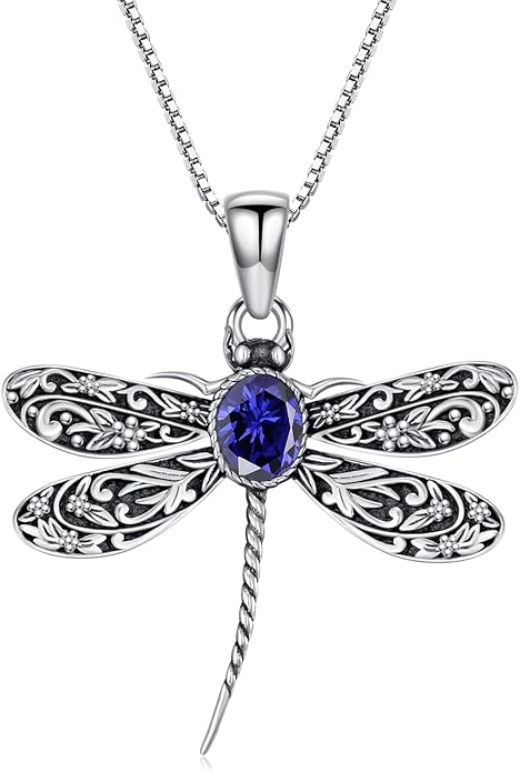 Vintage Dragonfly Necklace for Women 925 Sterling Silver, Oval Birthstone Dragonfly Pendant Boho Jewelry Birthday Gift for Her, Mom, Grandma