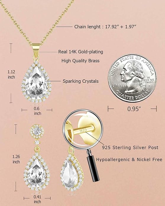 REASAYLL Jewelry Sets For Women 925 Sterling Silver Post Teardrop Dangle Stud Earrings Necklace Set Crystal Rhinestone Wedding Prom Costume Jewelry for Women