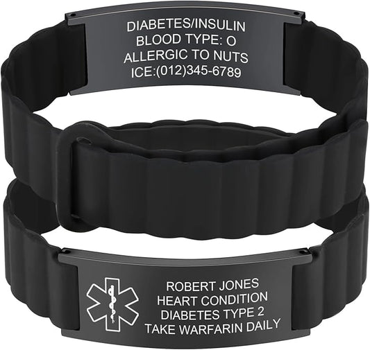 Comfortable Medical ID Bracelet for Men & Women - Custom Engraved Silicone Strap Comfort Fit Medical Alert Bracelets for Sports,Adjustable Waterproof Customizable Wristband for Diabetic