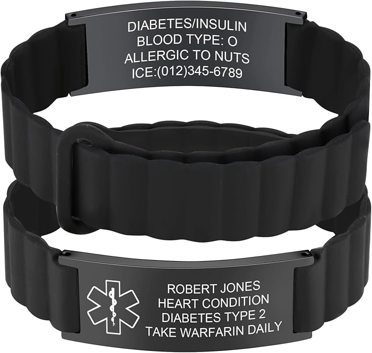 Comfortable Medical ID Bracelet for Men & Women - Custom Engraved Silicone Strap Comfort Fit Medical Alert Bracelets for Sports,Adjustable Waterproof Customizable Wristband for Diabetic