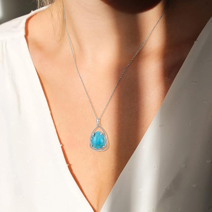 Teardrop Turquoise Pendant Necklace, 925 Sterling Silver December Birthstone Necklace Vintage Western Jewelry Gift for Women